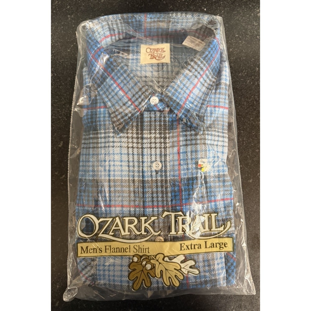 Vintage Ozark Trail Flannel Shirt XL Blue Plaid NOS Made USA NIP 100% Cotton